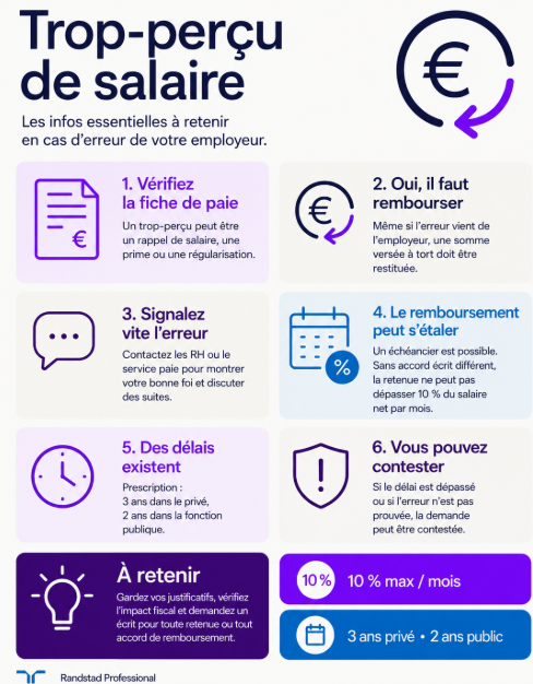 infographie : à retenir sur le trop-perçu de salaire en cas d’erreur de l’employeur.